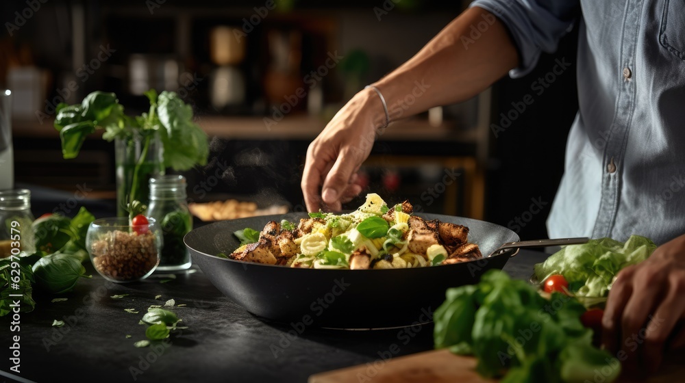 Cook preparing a small Caesar Salad