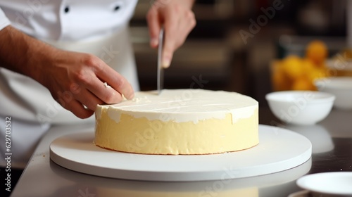 Cook preparing a juicy cheese cake in the kitchen