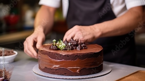 Cook preparing a juicy chocolate cake in the kitchen