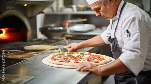 Cook preparing a pizza in the kitchen