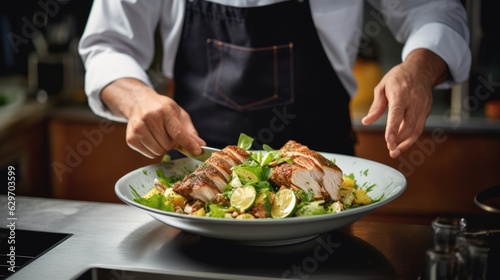 Cook preparing Caesar Salad