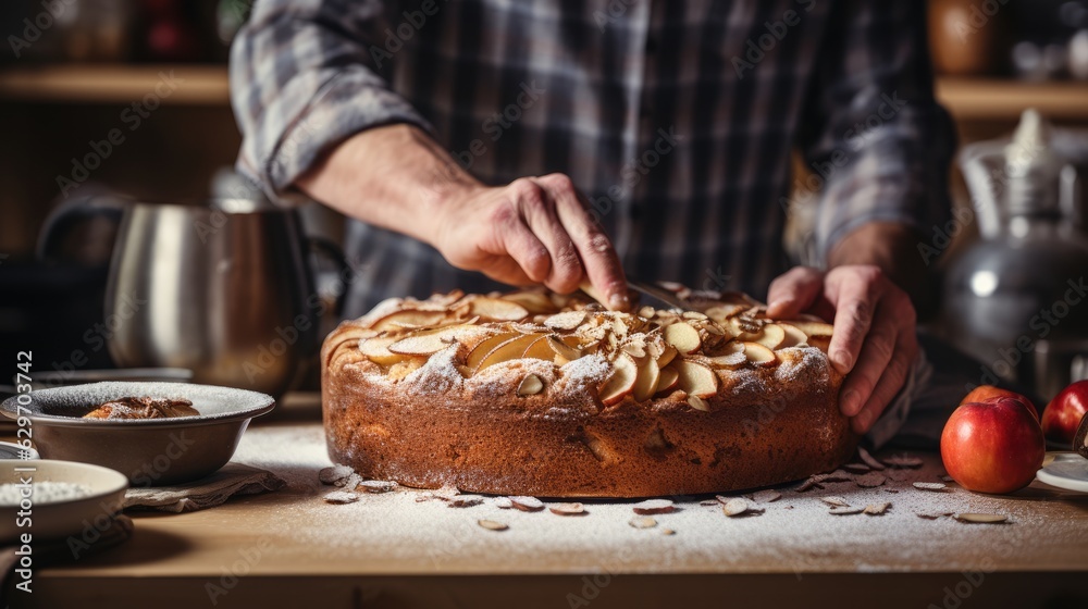 Cook slicing a Apple cake into slices