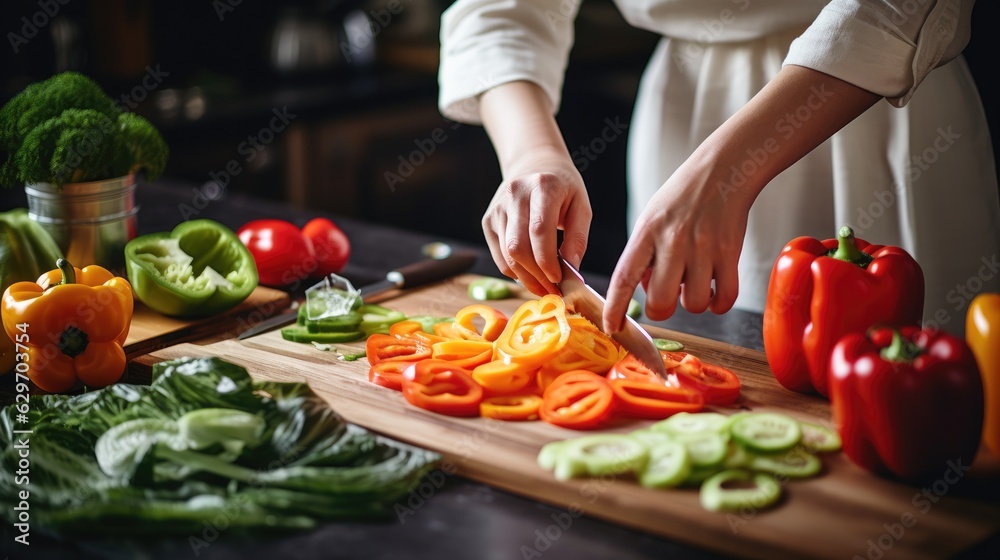 Cook slicing a Bell pepper into slices Cook slicing a Bell pepper into slices