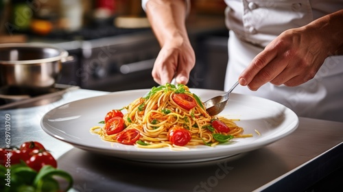 Cook putting Tomato sauce over Spaghetti in a dish - food photography