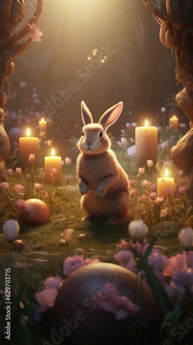 easter rabbit in the forest with candles