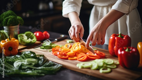 Cook slicing a Bell pepper into slices