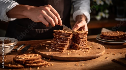 Cook slicing a Biscuit cake into slices