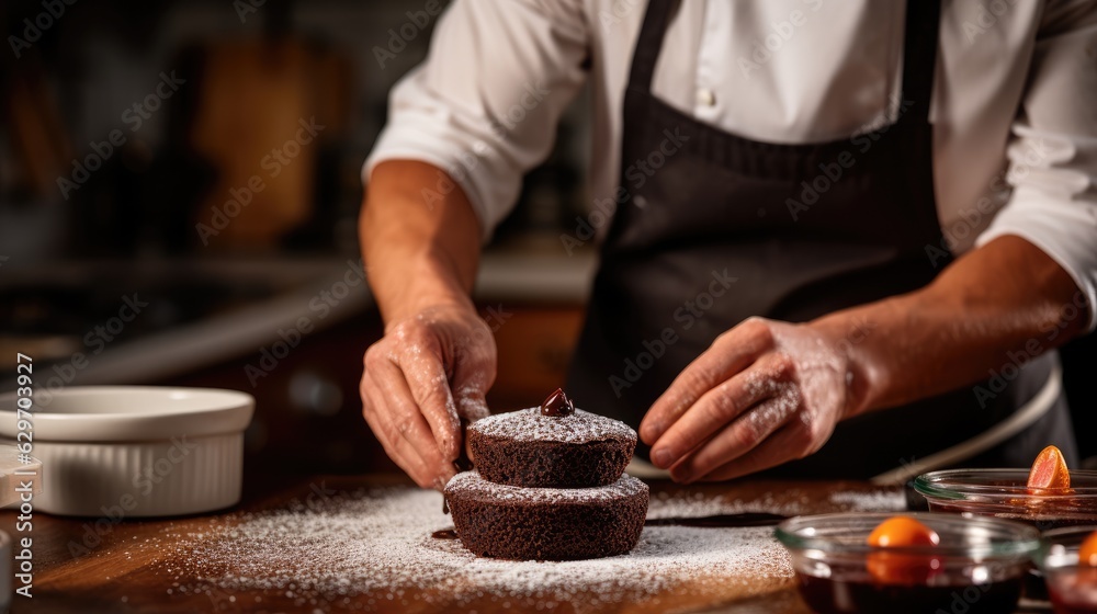 Cook slicing a Chocolate Lava cake into slices Cook slicing a Chocolate Lava cake into slices