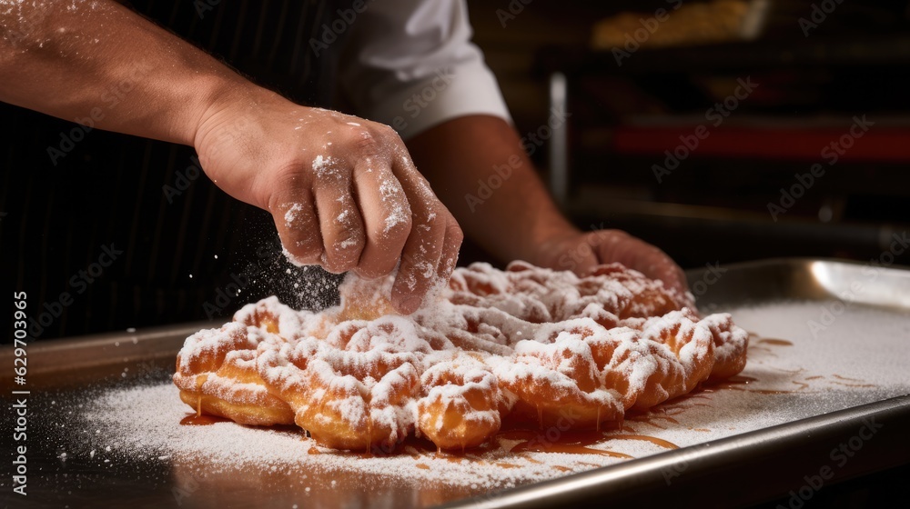 Cook slicing a Funnel cake into slices