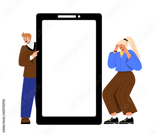 People with blank smartphone screen concept. Young girl and guy with phone. Gadget and device. Poster or banner for website. Cartoon flat vector illustration isolated on white background