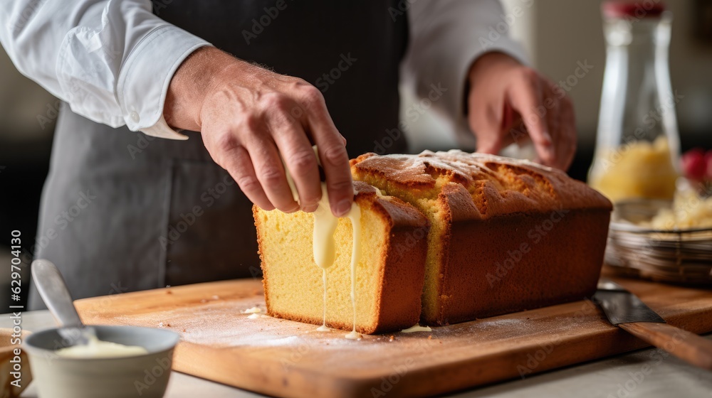 Cook slicing a Pound cake into slices