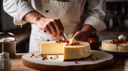 Cook slicing a New York Style Cheese cake into slices