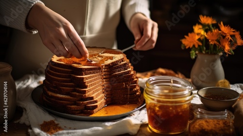 Cook slicing a Russian Honey cake into slices