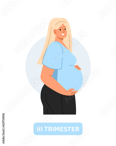 Woman in pregnancy stage concept. Young girl with belly. Expectant mother, biology and anatomy. Poster or banner for website. Cartoon flat vector illustration isolated on white background