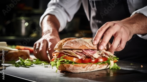 Cook slicing a sandwich into two parts in a kitchen