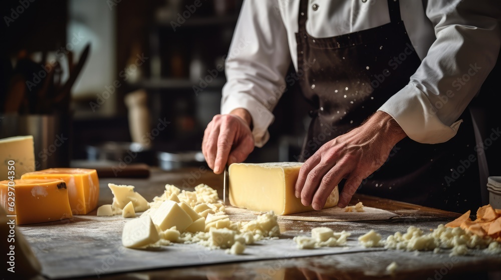 Cook slicing cheese in a kitchen