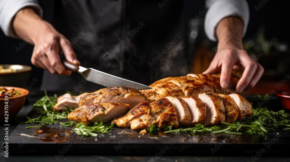 Cook slicing grilled chicken into smaller slices