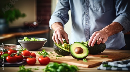 Cook slicing avocados in a kitchen