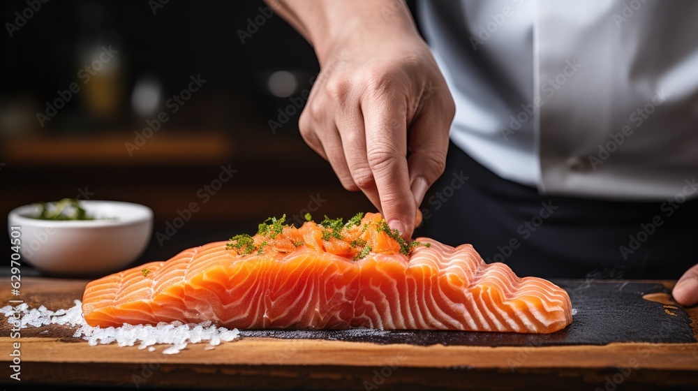 Cook slicing salmon sushi in a kitchen