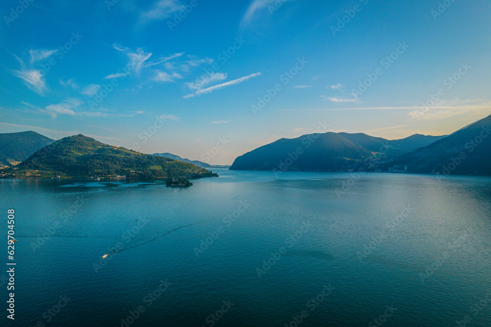 Aerial view of Loreto Island with the castle on Lake Iseo in Northern Italy, Brescia, Lombardy.