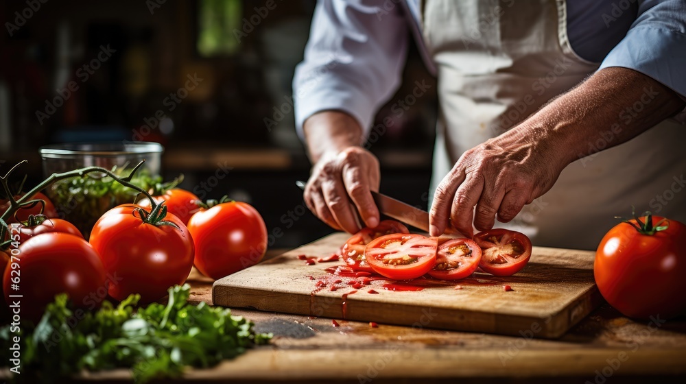 Cook slicing tomatoes in a kitchen