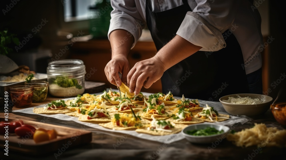 Mexican Cook preparing Chesse Nachos in a kitchen