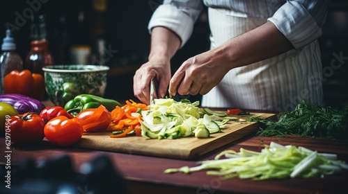 Cook slicing vegetables in a kitchen