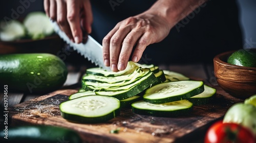 Cook slicing Zucchini into slices