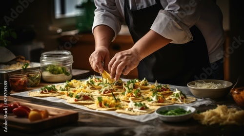 Mexican Cook preparing Chesse Nachos in a kitchen