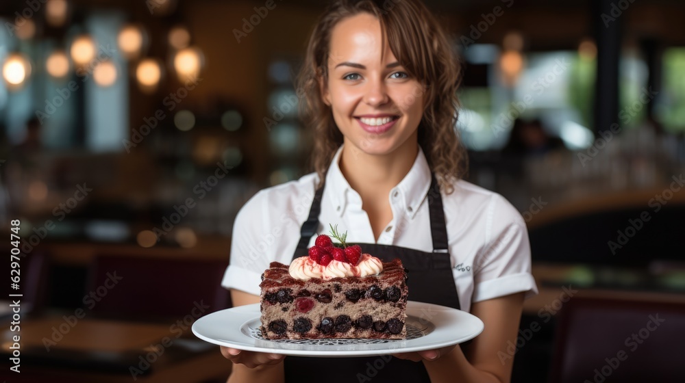 Young female waitress presents a piece of Black Forest cake