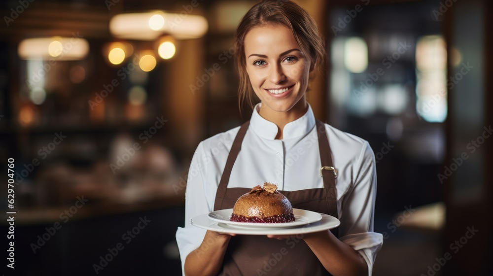 Young female waitress presents a piece of Hazelnut cake