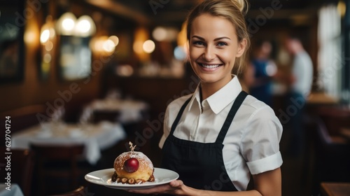 Young female waitress presents a piece of Apple cake