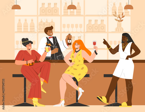 People sitting at bar counter concept. Women with cocktails at cafe or restaurant near bartender. Young girls with alcoholic drinks and beverage. Cartoon flat vector illustration