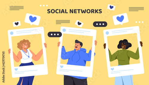 People in social networks concept. Men and women in fasting. Communication on Internet, dialogues in instant messengers. Distance online communication. Cartoon flat vector illustration