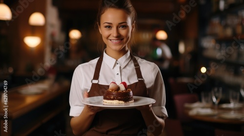 Young female waitress presents a piece of Hazelnut cake