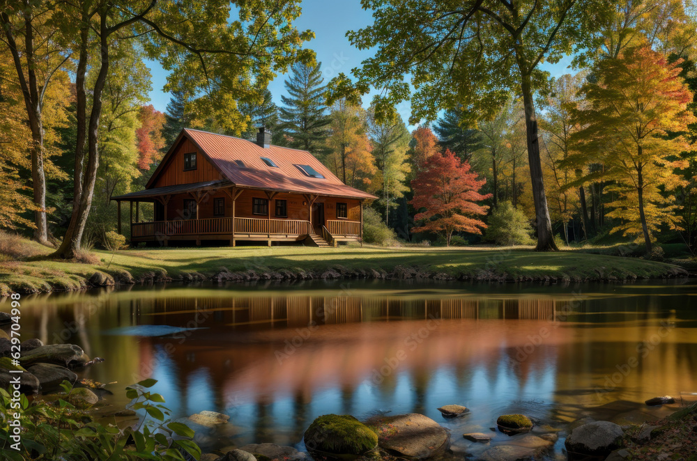 Maison en bois au bord d'un lac dans la forêt en automne. Generative AI.