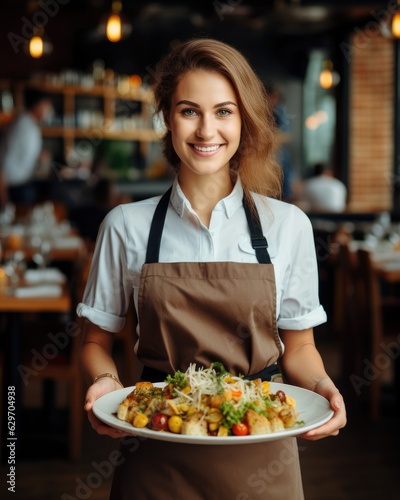 Young waitress presents a dish with Caesar Salad - food photography