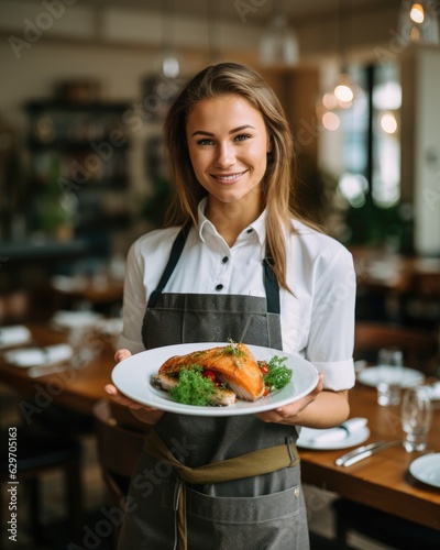 Young waitress presents a dish with Grilled Salmon - food photography