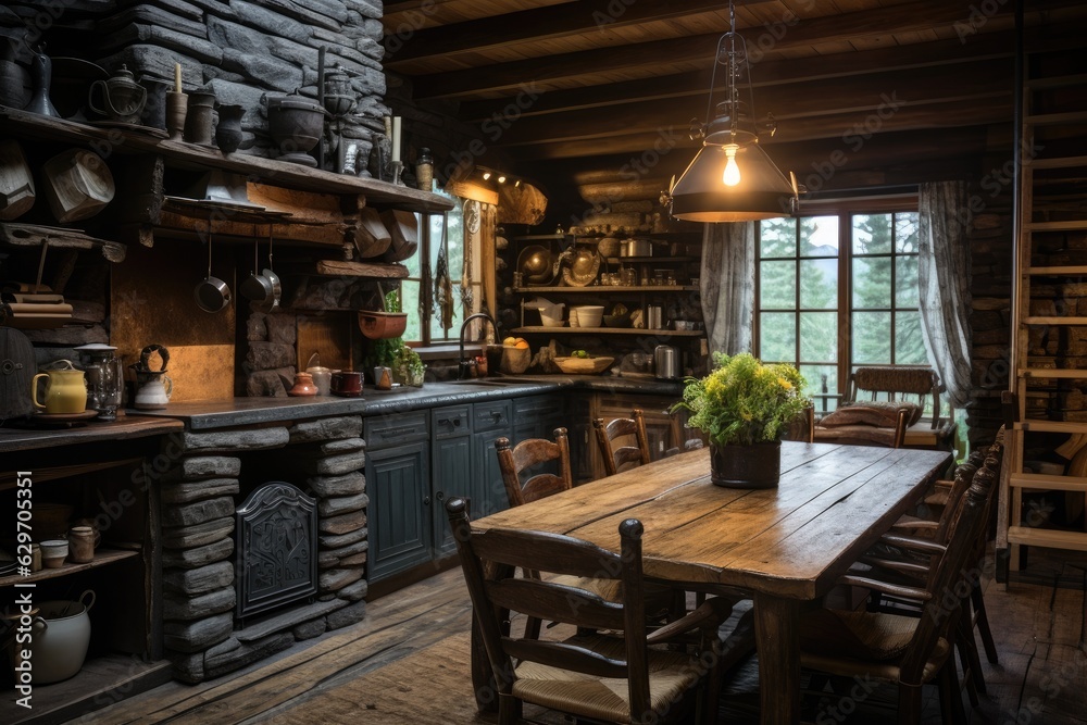 The aesthetic arrangement of a dining area and kitchen within a small, charming log cabin, focusing on rustic elements.