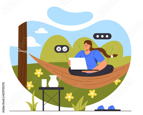 Woman freelancer with laptop concept. Young girl with computer and hammock outdoor. Remote employee earns on Internet. Comfortable workplace at nature. Cartoon flat vector illustration