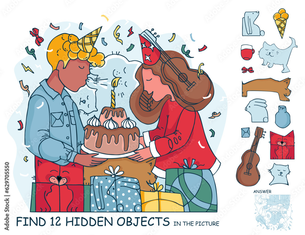 Find the hidden objects. Birthday party. Boy and girl with cake and ...