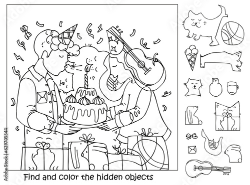 Find and color the hidden objects. Birthday party. Boy and girl with cake and gifts. Coloring book. Puzzle game for kids. Printable education worksheet. Sketch vector illustration.