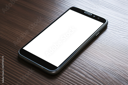 closeup smartphone on dark wooden surface, white screen mockup, generative AI