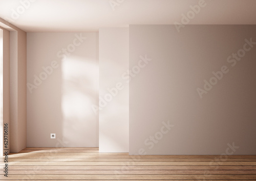 Fototapeta Naklejka Na Ścianę i Meble -  Modern empty room and wall mock up in minimalism style with pastel walls and wooden floor, room with sunlight and leafs shadows, design interior architecture