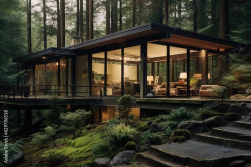 Stunning, recently constructed upscale house showcasing an enchanting outdoor scenery of a dense forest.