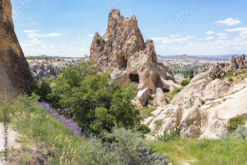 Cave medieval monastery. Cappadocia landscape as background. Goreme Open Air museum. Cappadocia, Turkey