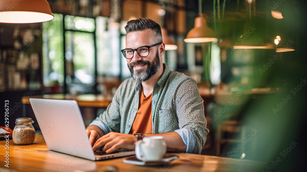 Man working on laptop, freelancer with computer in cafe at table, man in glasses smiling looking in camera. Model by AI generative Man working on laptop, freelancer with computer in cafe at table, man in glasses smiling looking in camera. Model by AI generative