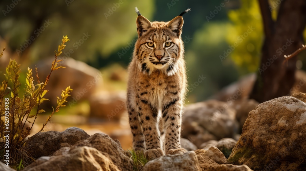 Obraz premium Iberian lynx rare animal. Adult Iberian lynx in nature. Photo Ai generated