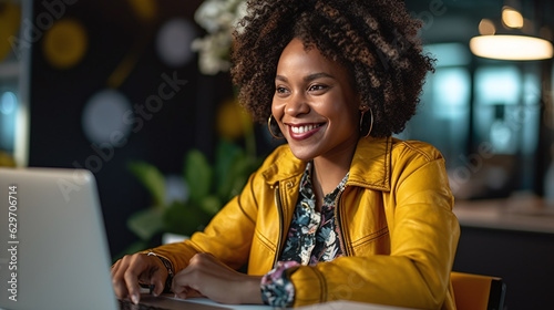 Beautiful young woman working on laptop, girl freelancer or student with computer in cafe at table, looking in camera. Model by AI generative