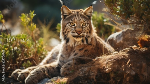 Iberian lynx lies in nature. Iberian lynx rare animal. Photo Ai generated © Magiurg